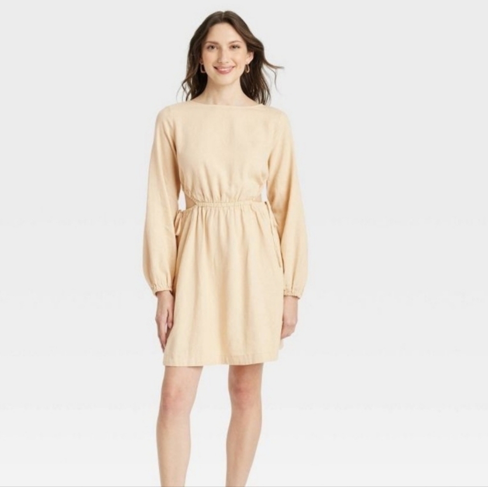Universal Thread Women's Linen Rayon Cut Out Side Tie Long Sleeve Dress Large
